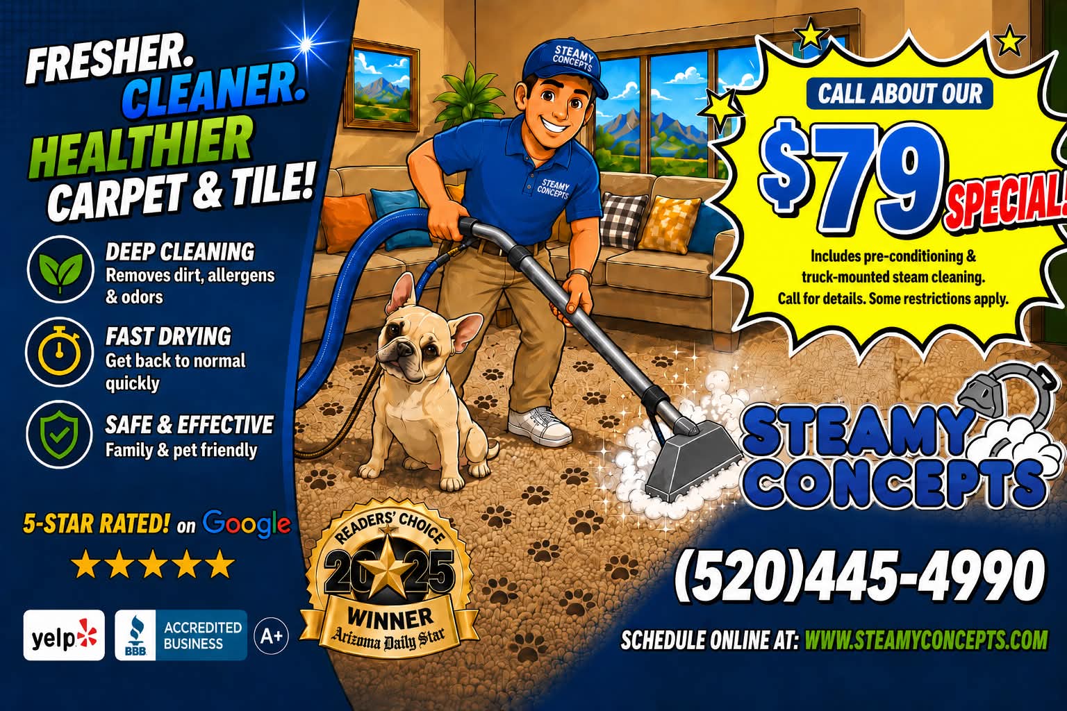 Carpet cleaning $79 special — 2 rooms cleaned, up to 400 sq ft. Deep clean and sanitize, pet and kid safe, fast drying, removes dirt, odors and allergens. Call for details.