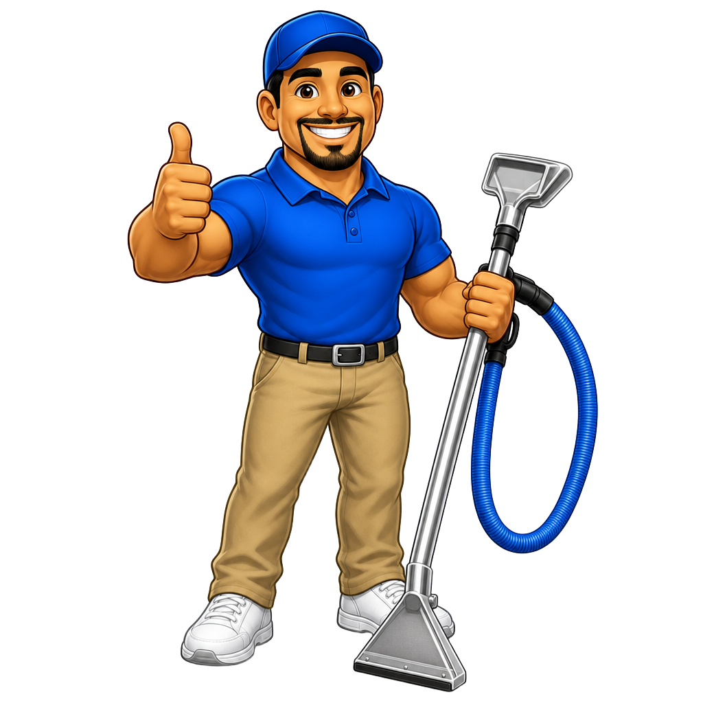 Steamy Concepts mascot technician giving a thumbs up with a carpet cleaning wand