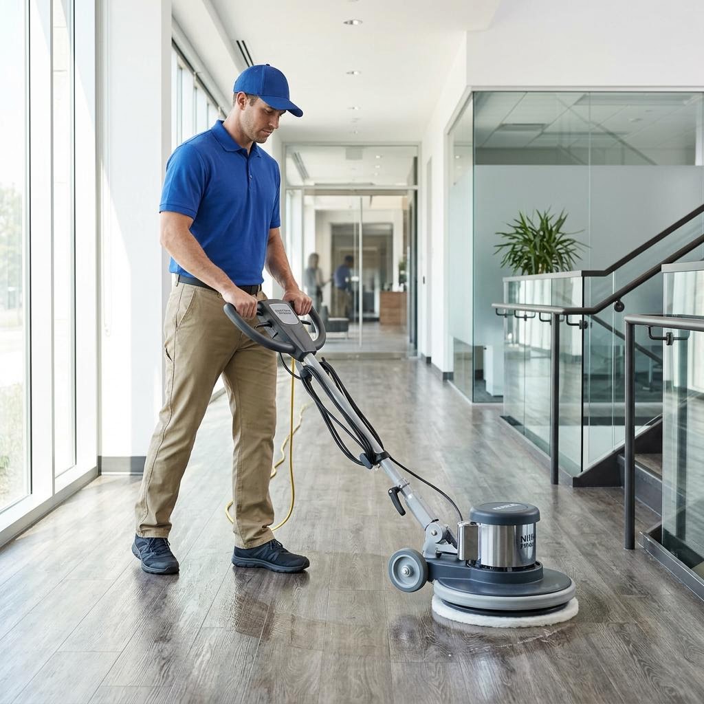 Technician deep cleaning luxury vinyl plank flooring