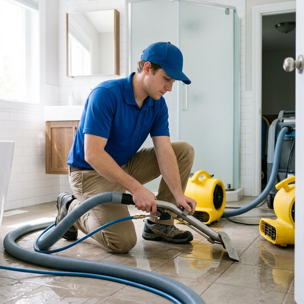 Technician extracting water from a flooded floor
